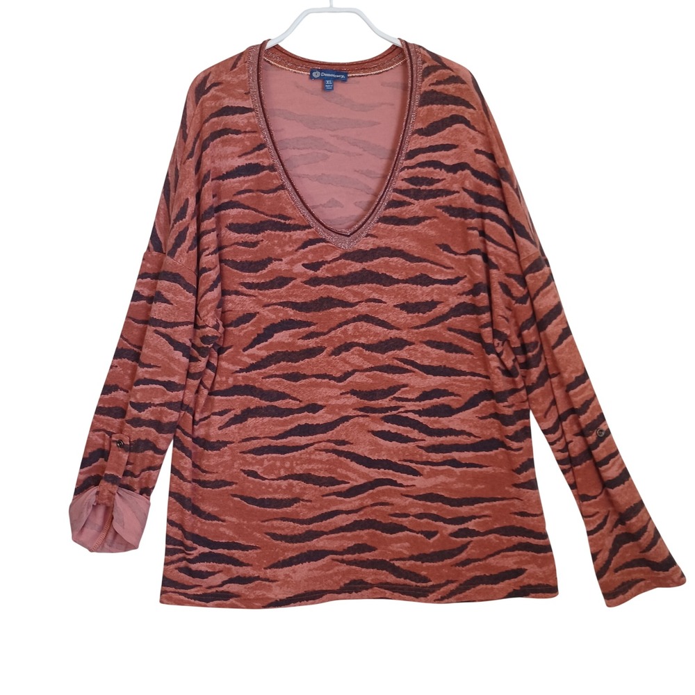 Democracy Womens Tiger Print V-Neck Roll Tab Sleeve Top Rust Black XL New w Tag